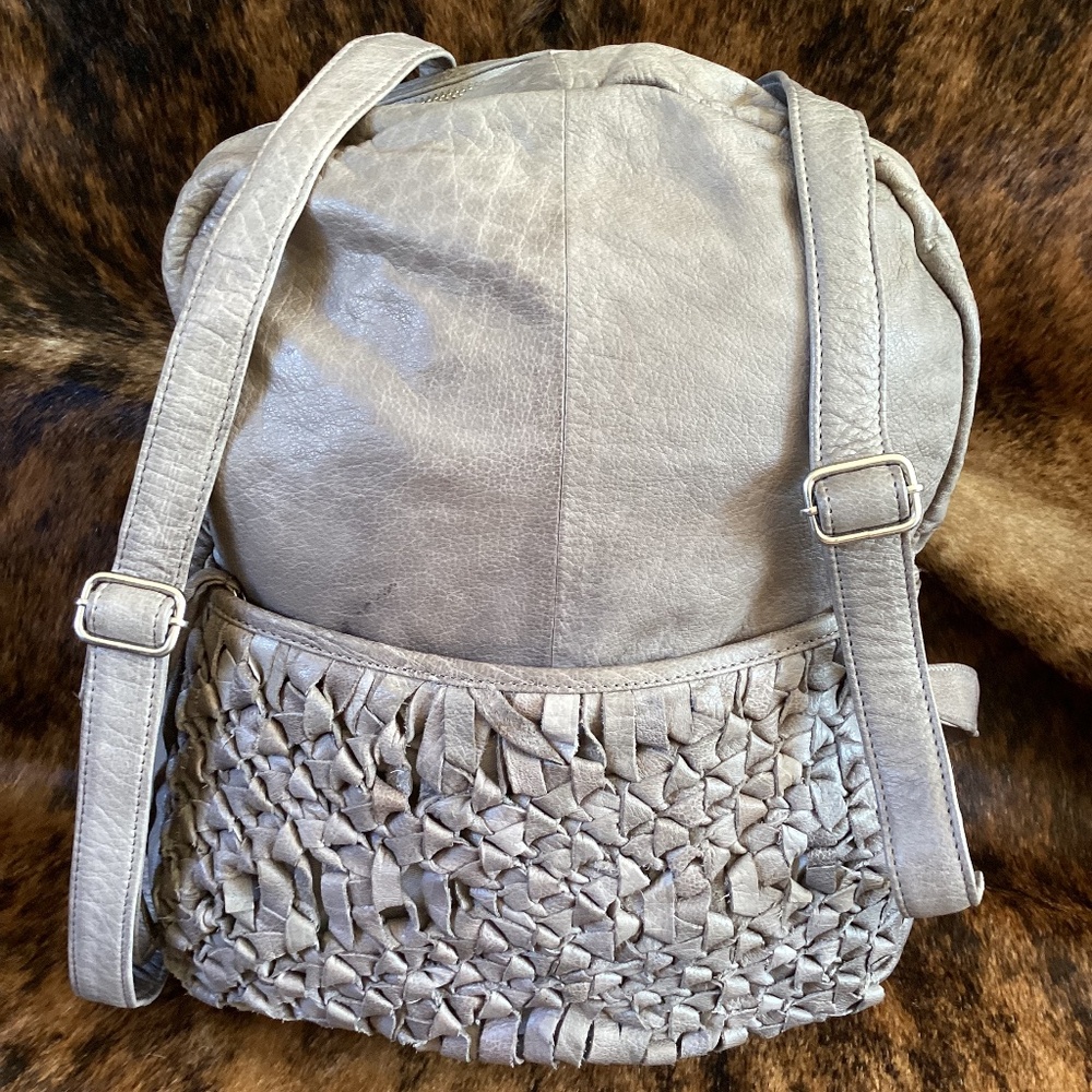 Day & Mood Gray Genuine Leather Lattice Design Backpack